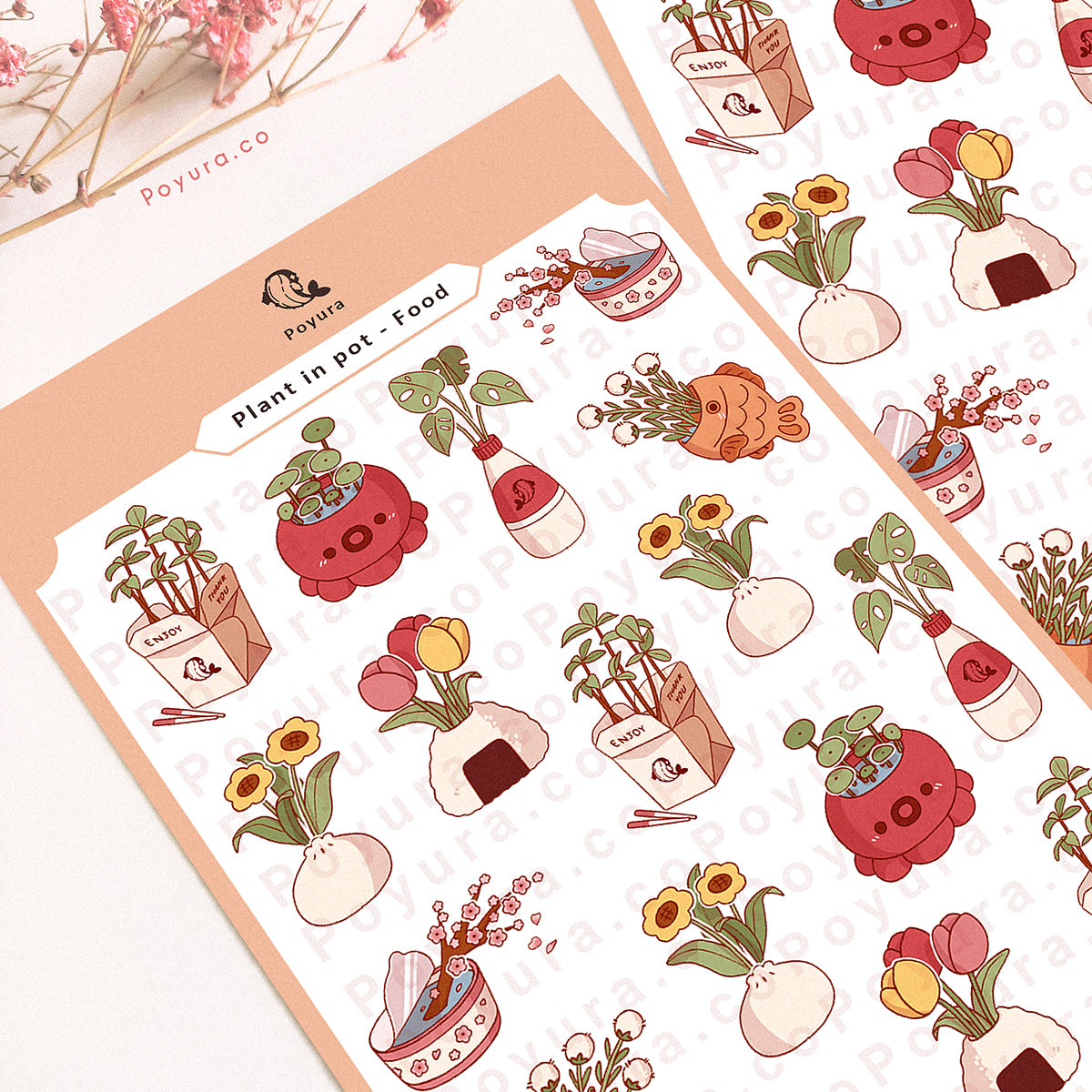 Sticker sheet of cute plants and flowers in Asian food and snacks