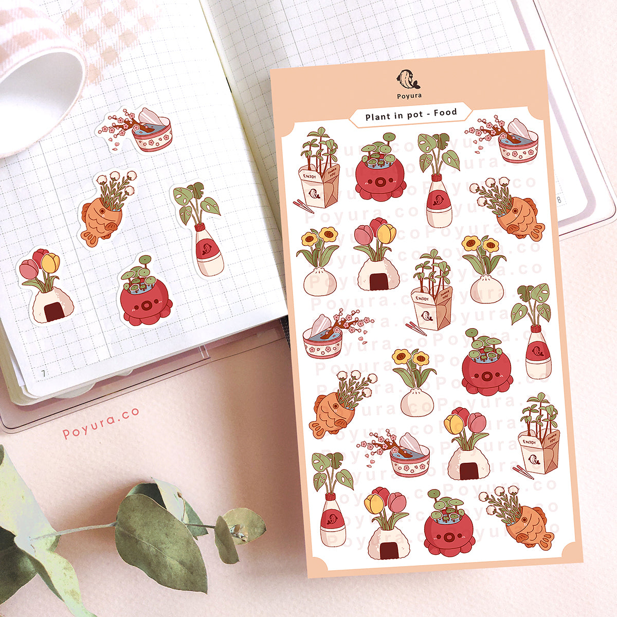 Sticker sheet of cute plants and flowers in Asian food and snacks