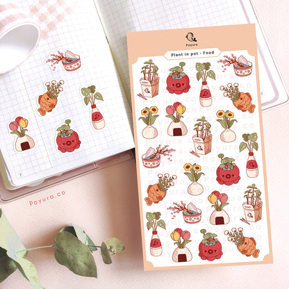 Sticker sheet of cute plants and flowers in Asian food and snacks