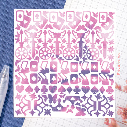 Borderless sticker with playing card cutouts in different purple tints