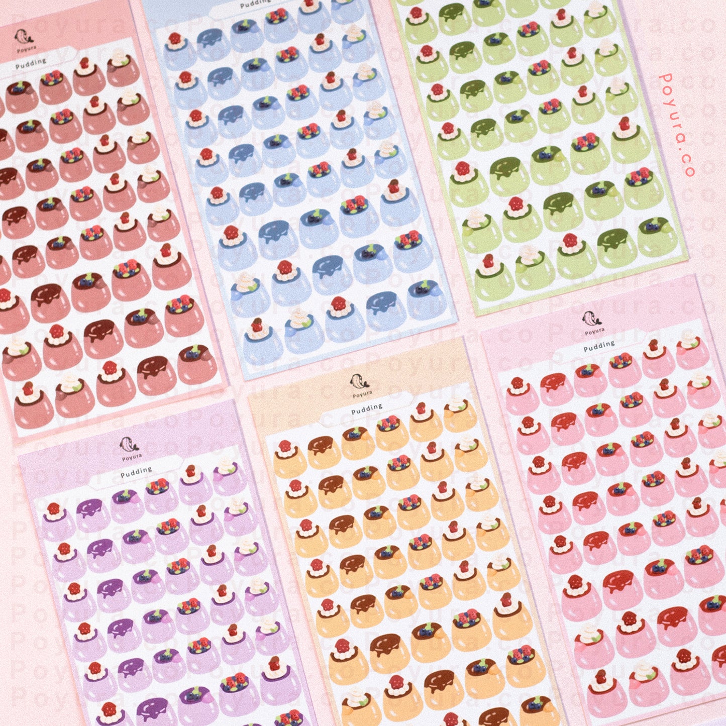 Sticker sheet of cute pudding with with decorations in six different colors