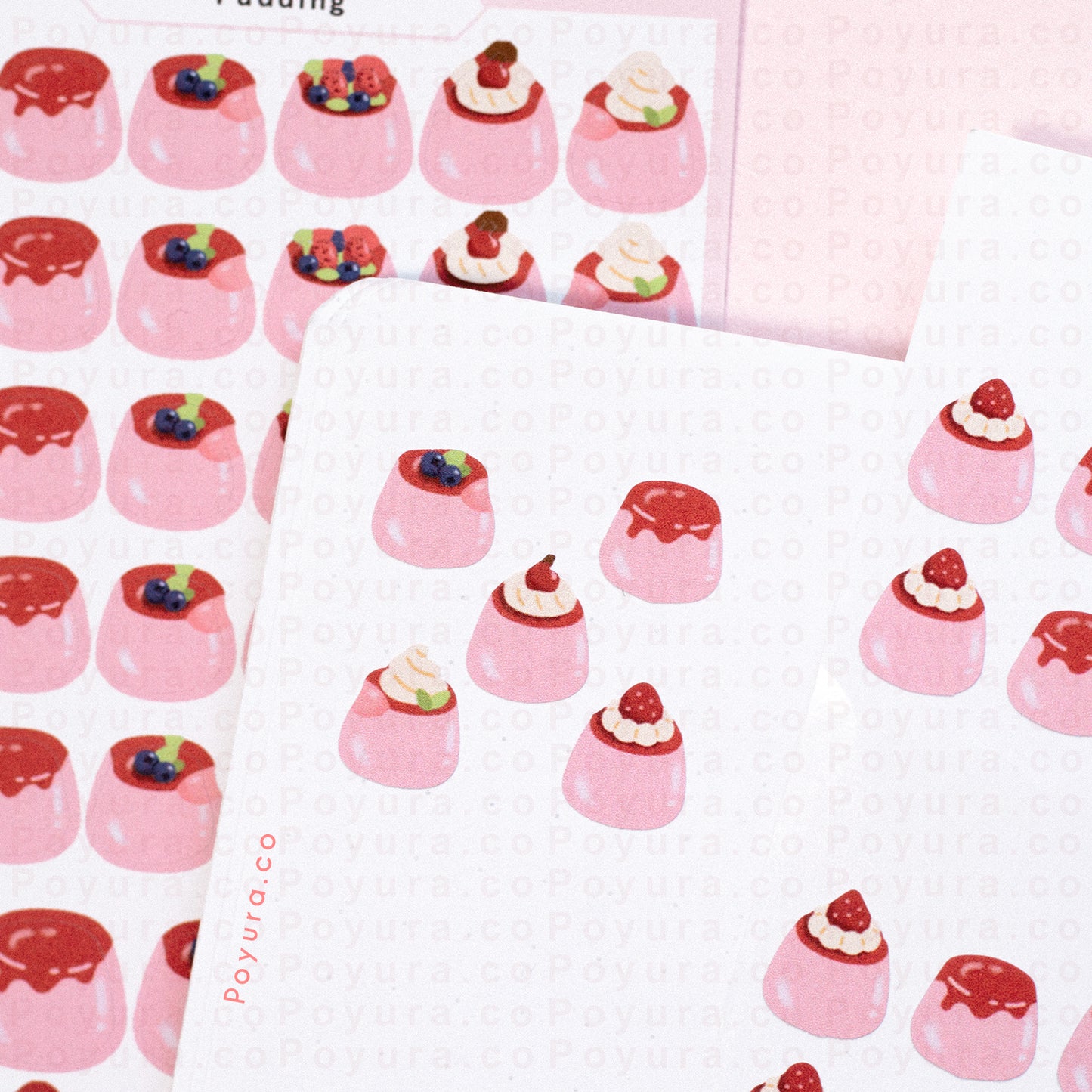 Sticker sheet of cute pink pudding with with decorations