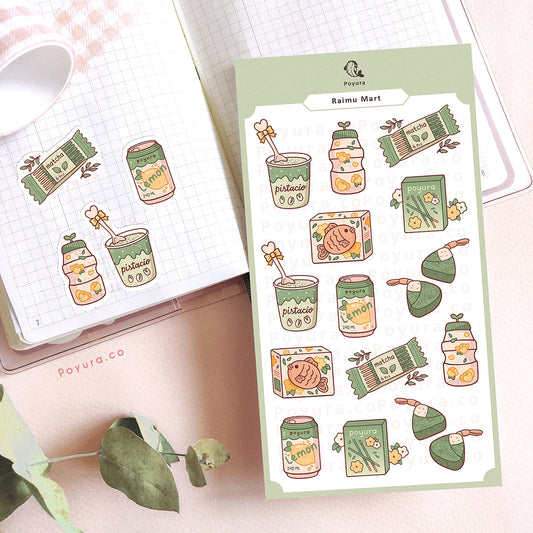 Sticker Sheet of Asian supermarket drinks and snacks. There are pistachio and taiyaki ice cream, matcha cookies, lemon soda, and shrimp onigiri.