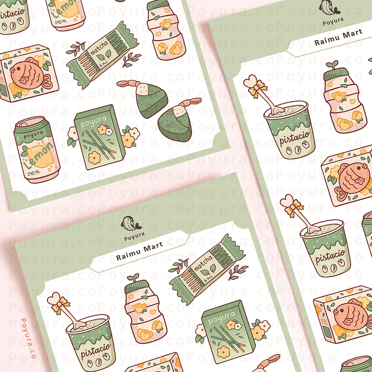 Sticker Sheet of Asian supermarket drinks and snacks. There are pistachio and taiyaki ice cream, matcha cookies, lemon soda, and shrimp onigiri.