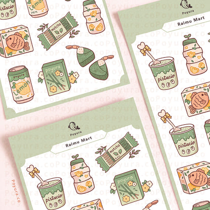 Sticker Sheet of Asian supermarket drinks and snacks. There are pistachio and taiyaki ice cream, matcha cookies, lemon soda, and shrimp onigiri.