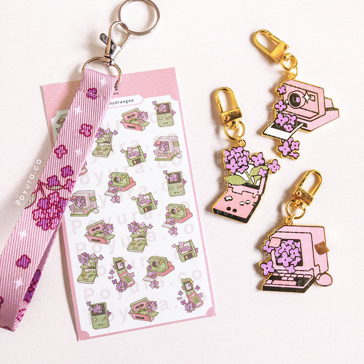 Set of matching sticker, keychains, and wristlet of Retro objects and purple hydrangeas