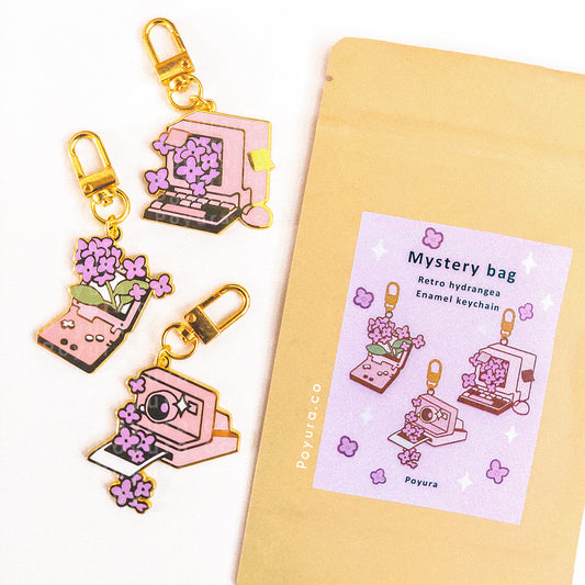 Gacha bag of cute retro objects and purple hydrangea enamel keychain