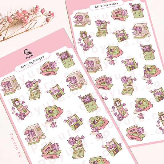 Sticker sheet of cute retro computer, phone, and camera with purple hydrangeas