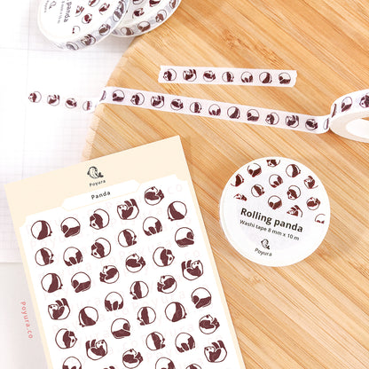 A matching washi tape and sticker sheet of cute rolling pandas