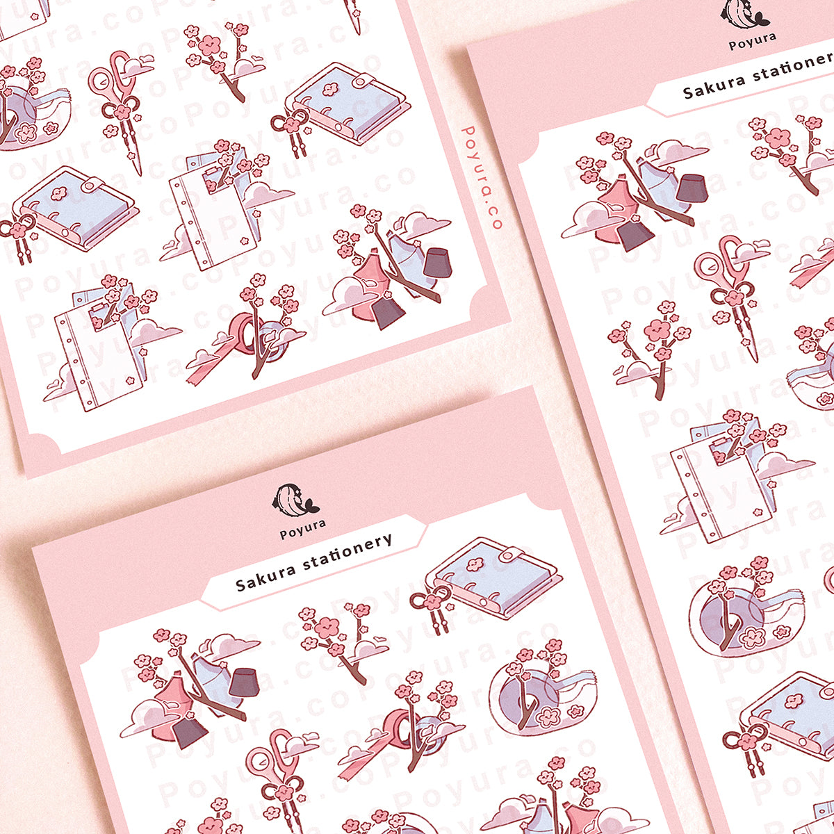 Sticker sheet of cute pink cherry blossom stationery