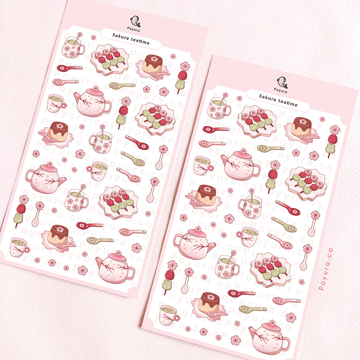 Sticker sheet of cute sakura cherry blossom teapot set and snacks