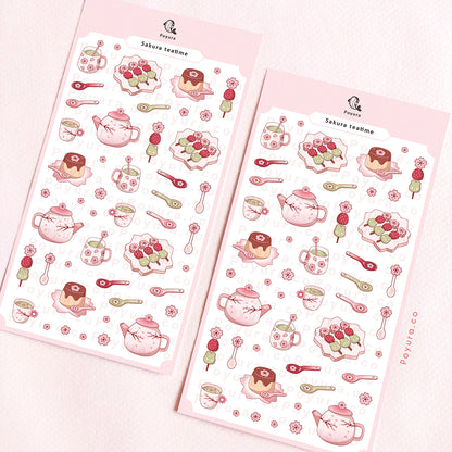 Sticker sheet of cute sakura cherry blossom teapot set and snacks