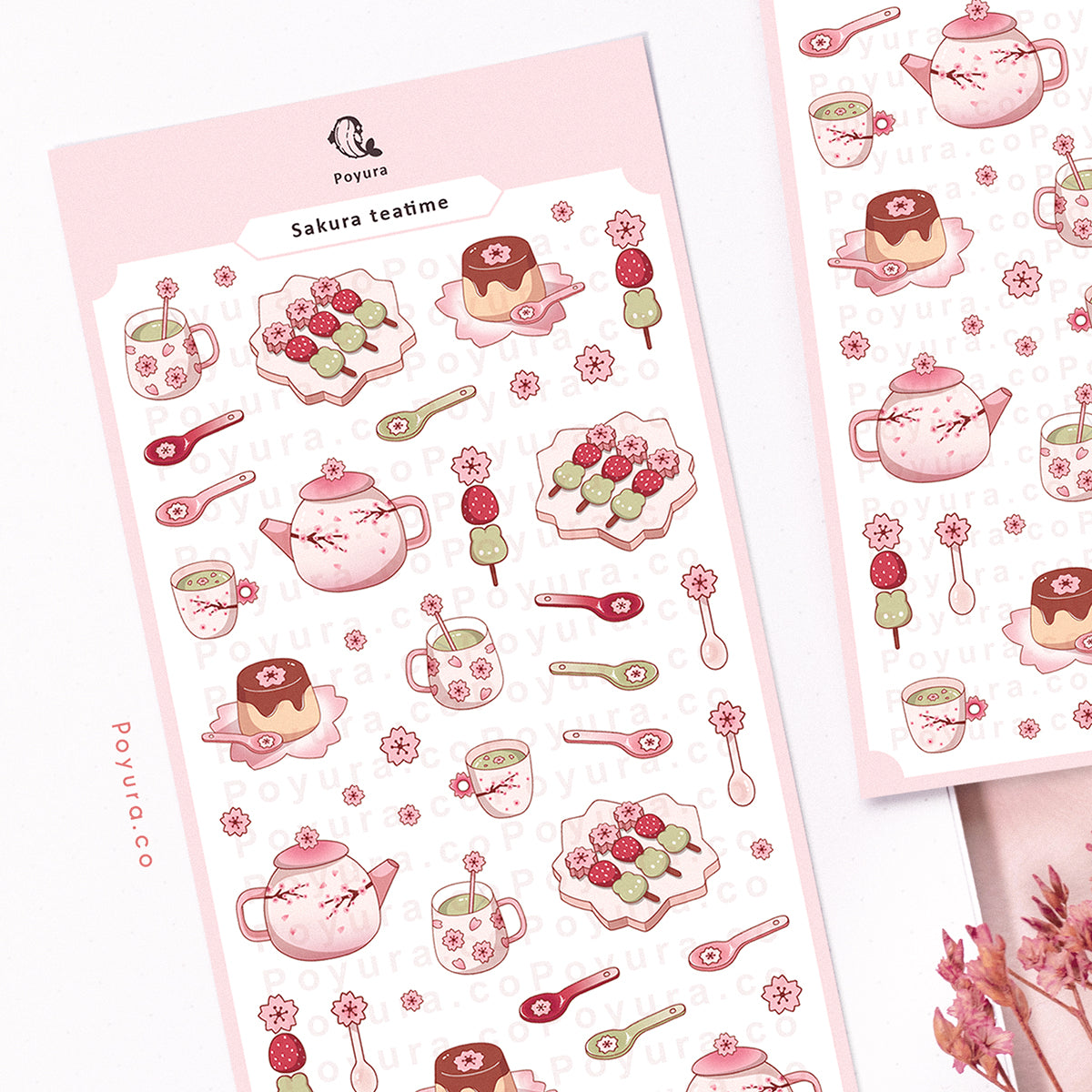 Sticker sheet of cute sakura cherry blossom teapot set and snacks