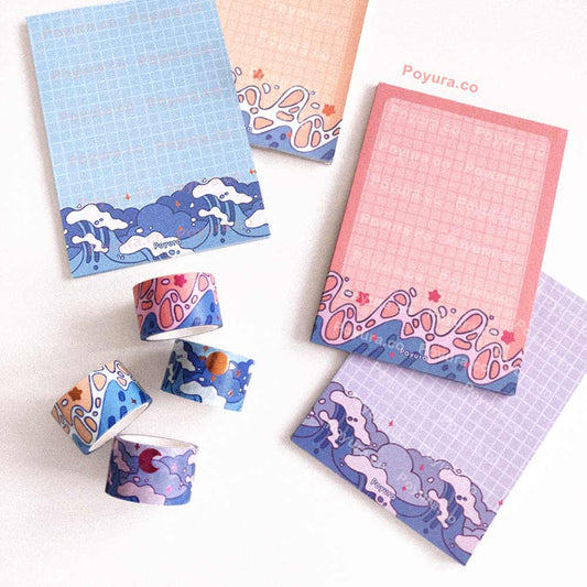 Japanese The Great Wave off Kanagawa Hokusai sea beach memo notepad washi tape foiled rose gold pink set bundle