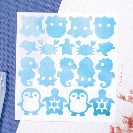 Borderless small sticker with sea animal cutouts in blue tints