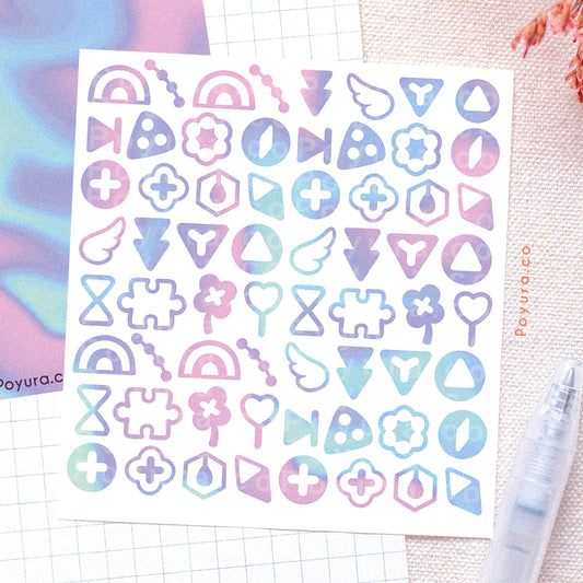 Borderless sticker with cute shape cutouts in different pink, purple, and blue tints