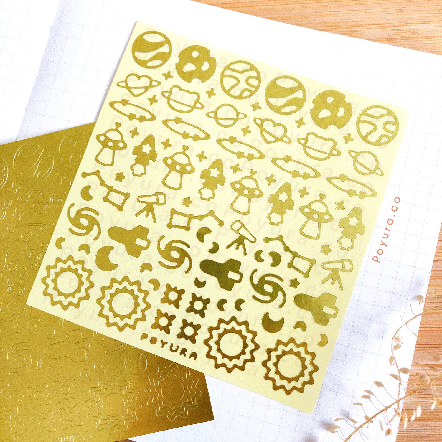 Borderless sticker with cute space planets and stars cutouts in gold foil