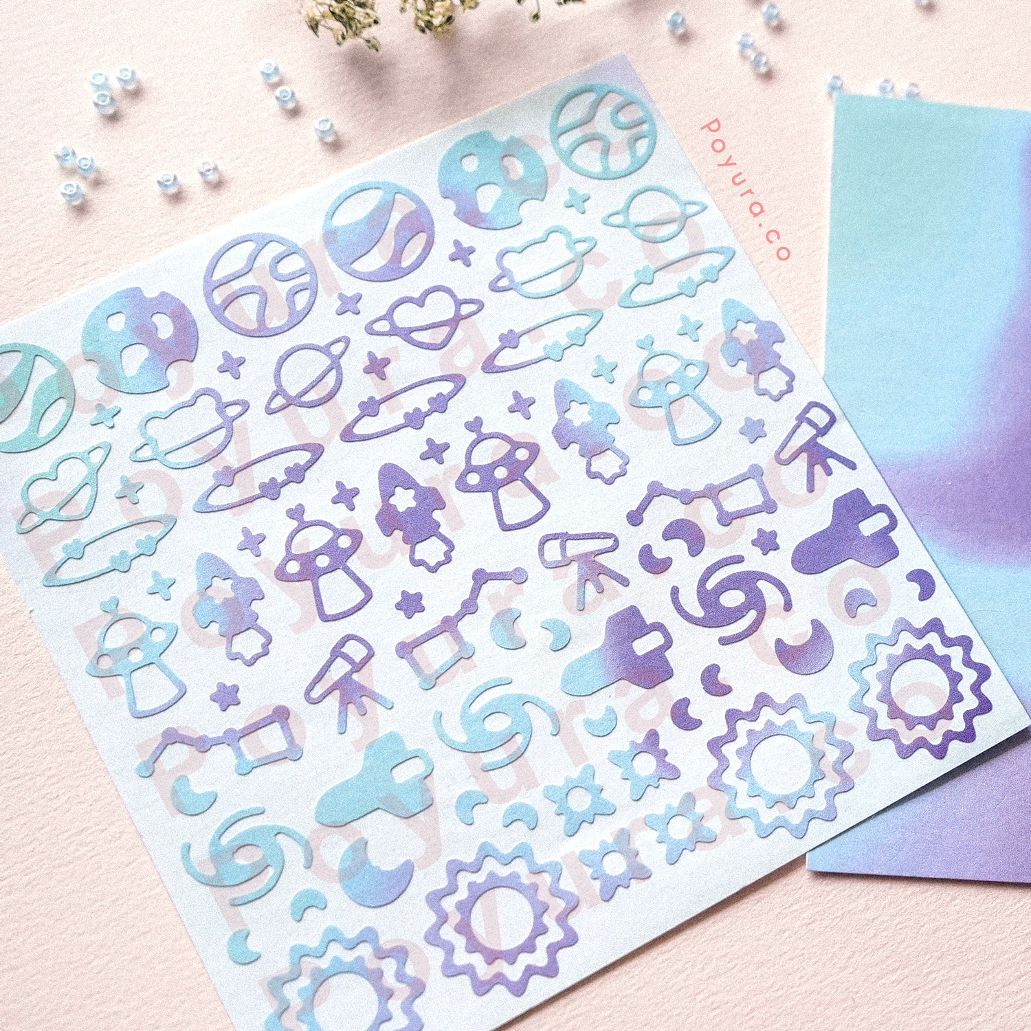 Borderless sticker with space planets cutouts in different blue and purple tints