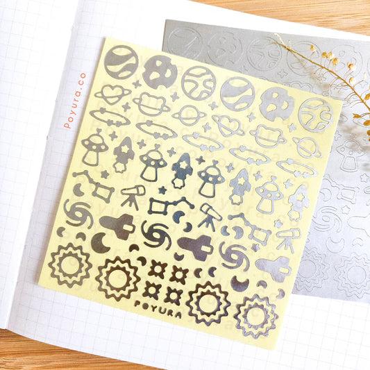 Borderless sticker with cute space planets and stars cutouts in silver foil