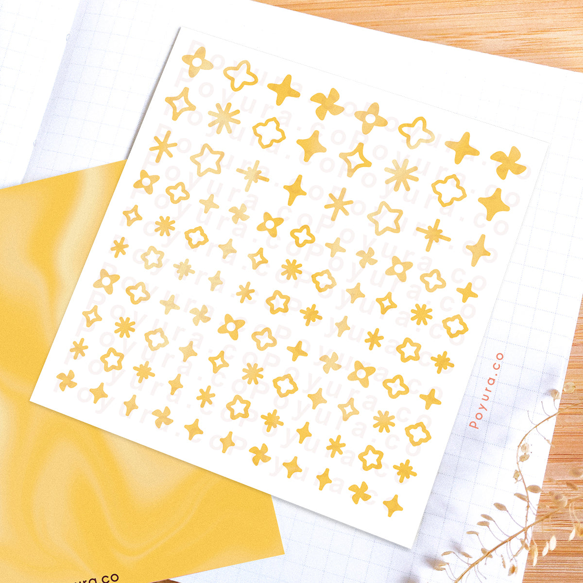 Borderless sticker with sparkle cutouts in different yellow tints