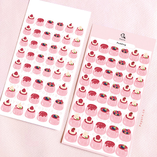 Sticker sheets of pink strawberry puddings.