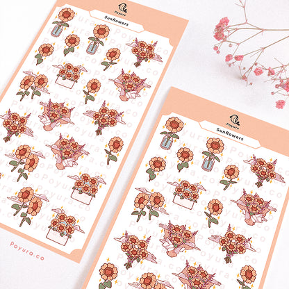 Sticker sheet of cute heart sunflower bouquet