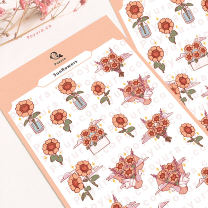 Sticker sheet of cute heart sunflower bouquet