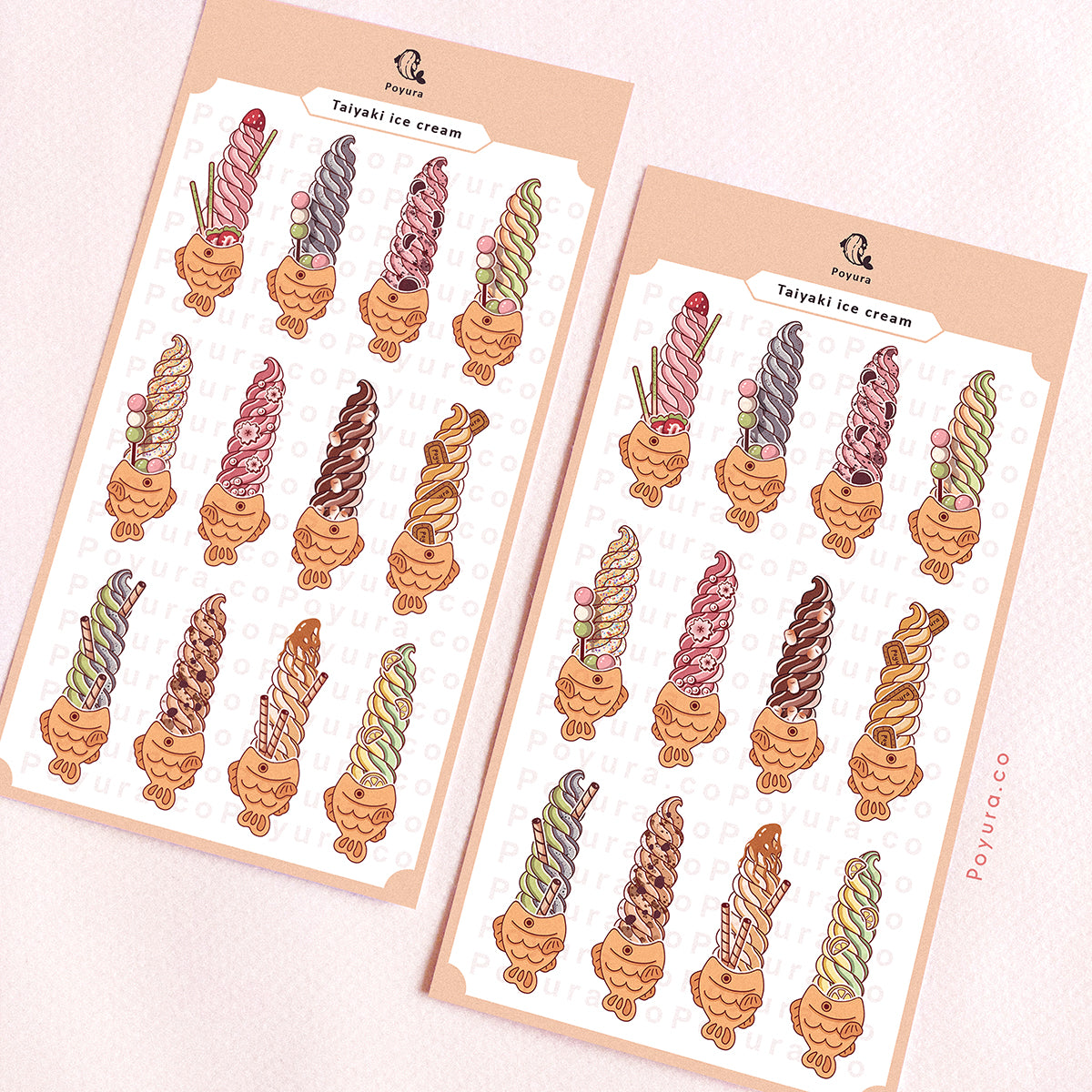 Sticker sheet of cute taiyaki ice cream with flavors like strawberry, lemon, and chocolate 