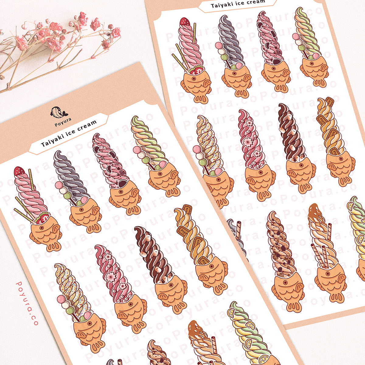 Stickers of cute taiyaki ice cream with flavors like strawberry and chocolate on a journal