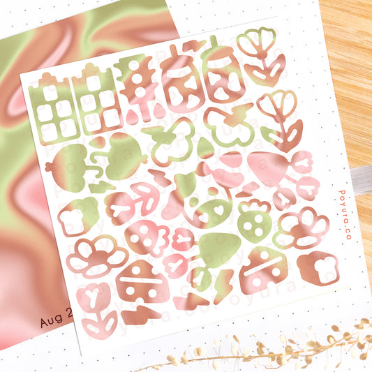 Borderless sticker with The Netherlands houses and strawberry cutouts in different pink and green tints