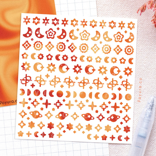 Borderless sticker with the sun and moon cutouts in different orange and red tints