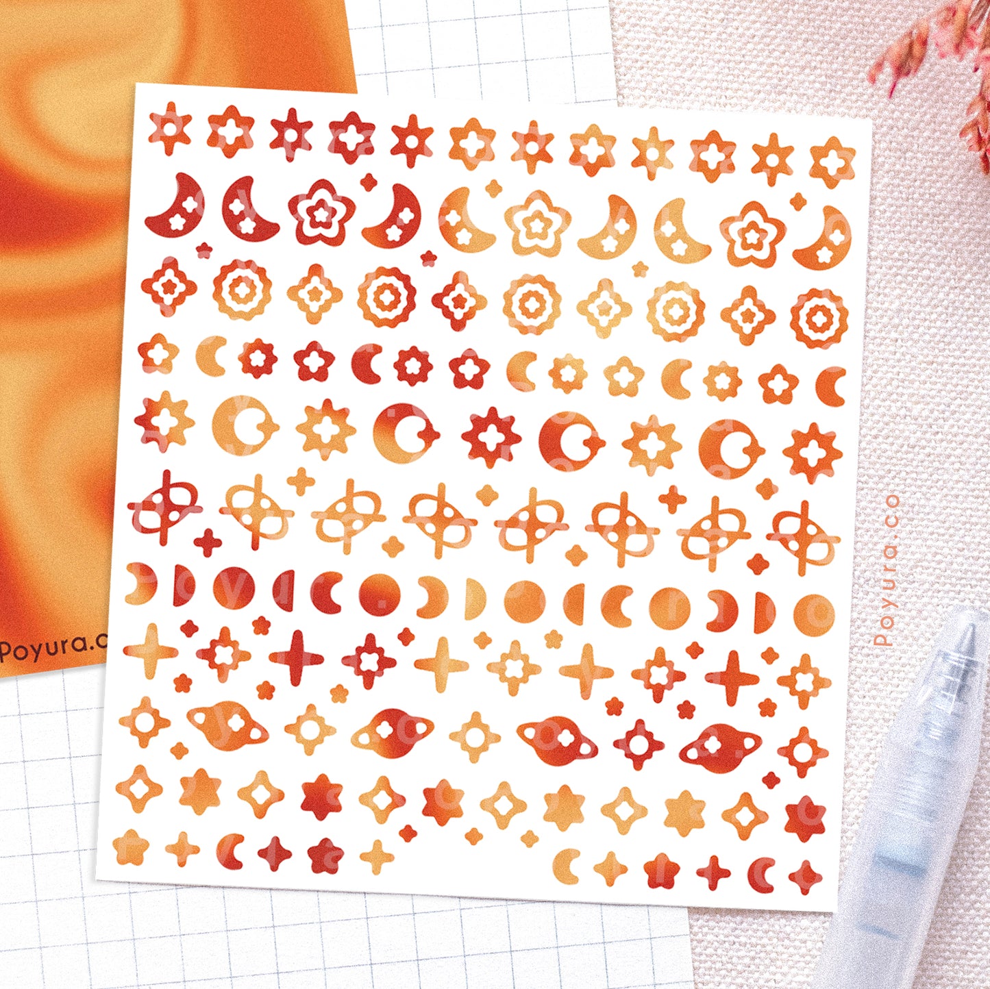 Borderless sticker with the sun and moon cutouts in different orange and red tints