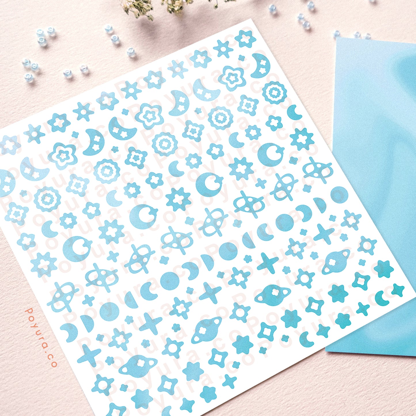 Borderless sticker with the sun and moon cutouts in different blue tints