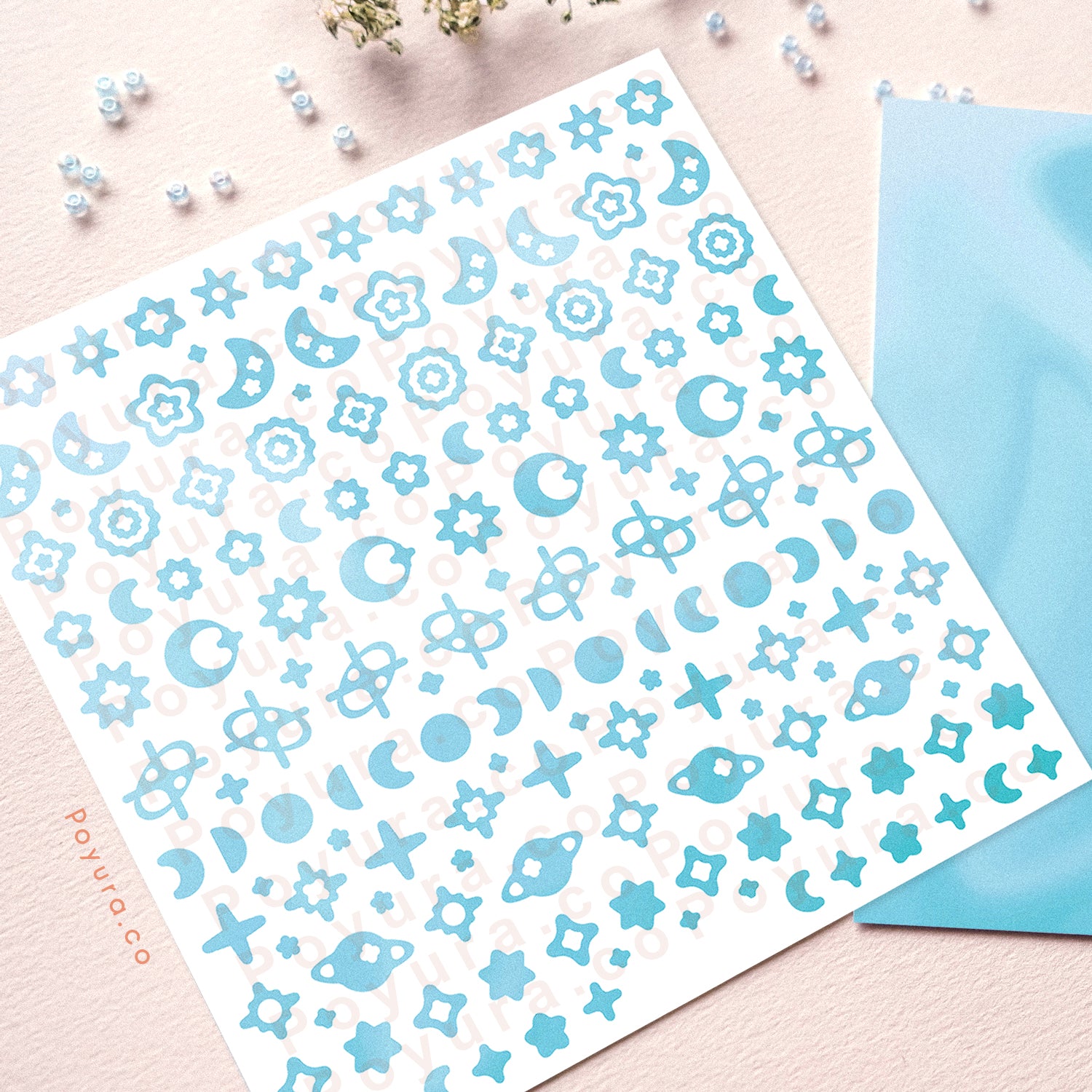 Borderless sticker with the sun and moon cutouts in different blue tints