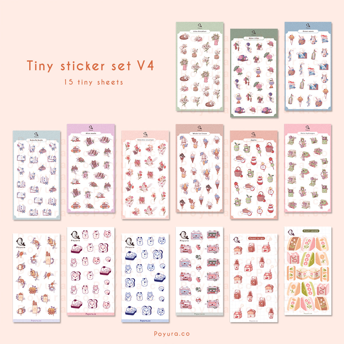 Overview of all the tiny sticker sheets which include cute snacks and flowers