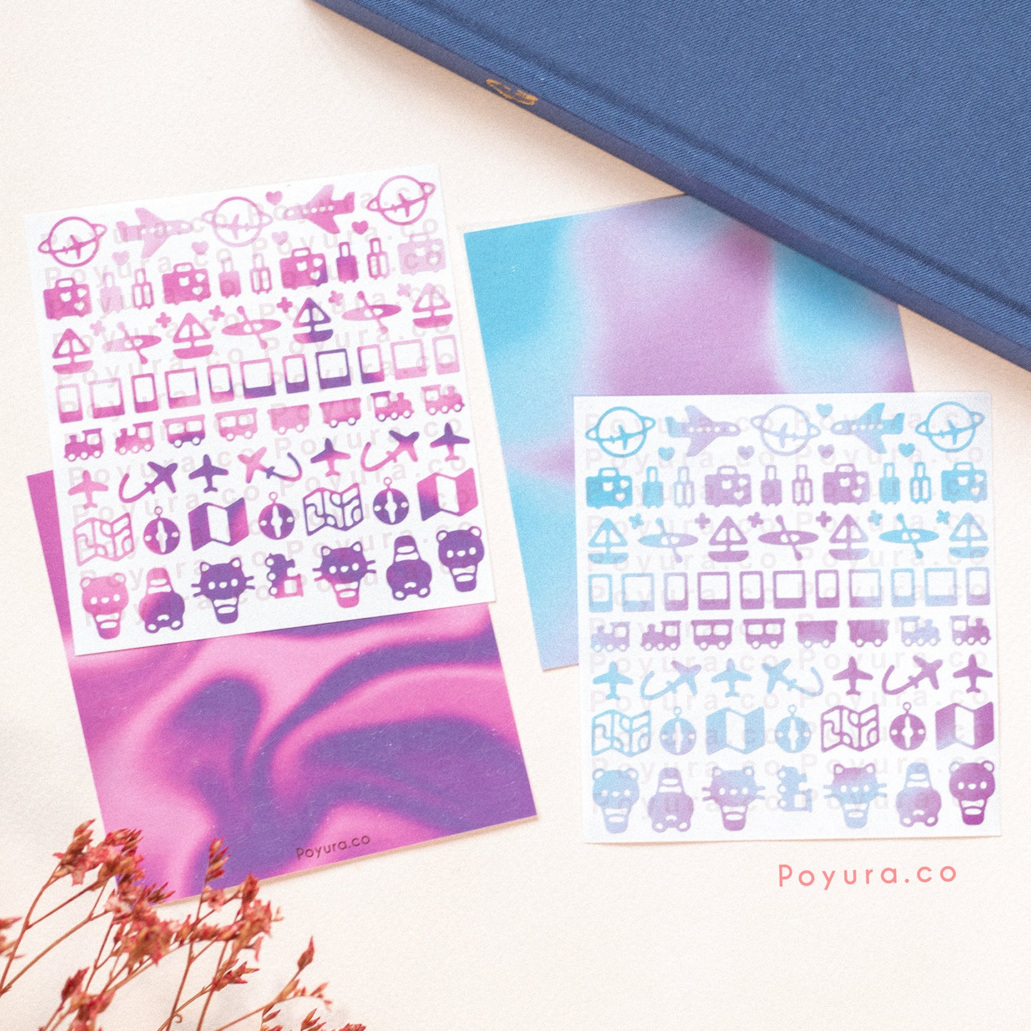 Two borderless stickers, one with blue and purple traveling cutouts and the other in purple