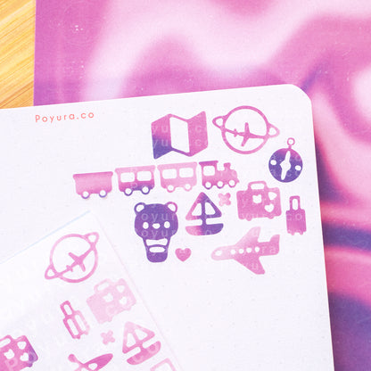 Borderless sticker with traveling cutouts in different purple tints