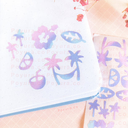 Borderless sticker with tropical Hibiscus flower cutouts in different blue and purple tints