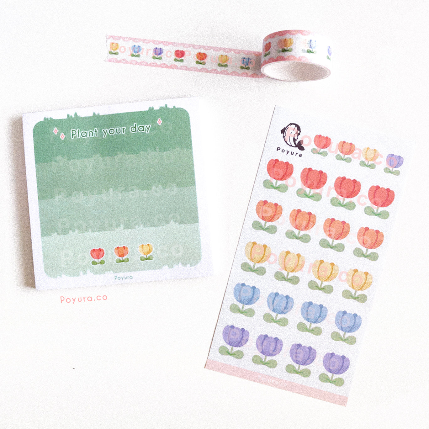 Set of matching tulip washi tape, memo notepad, and washi tape