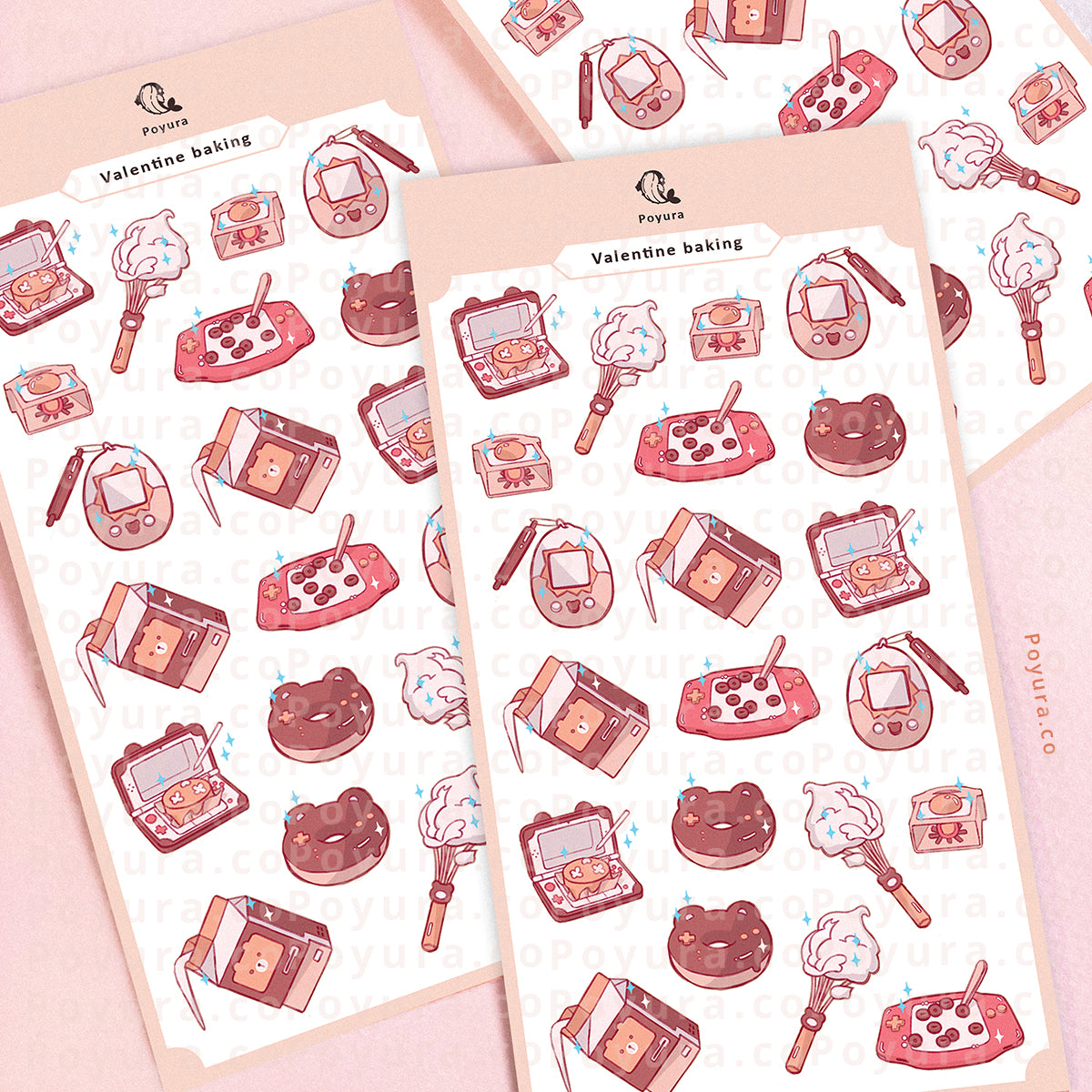 Sticker sheet of retro tech items as baked goods. 