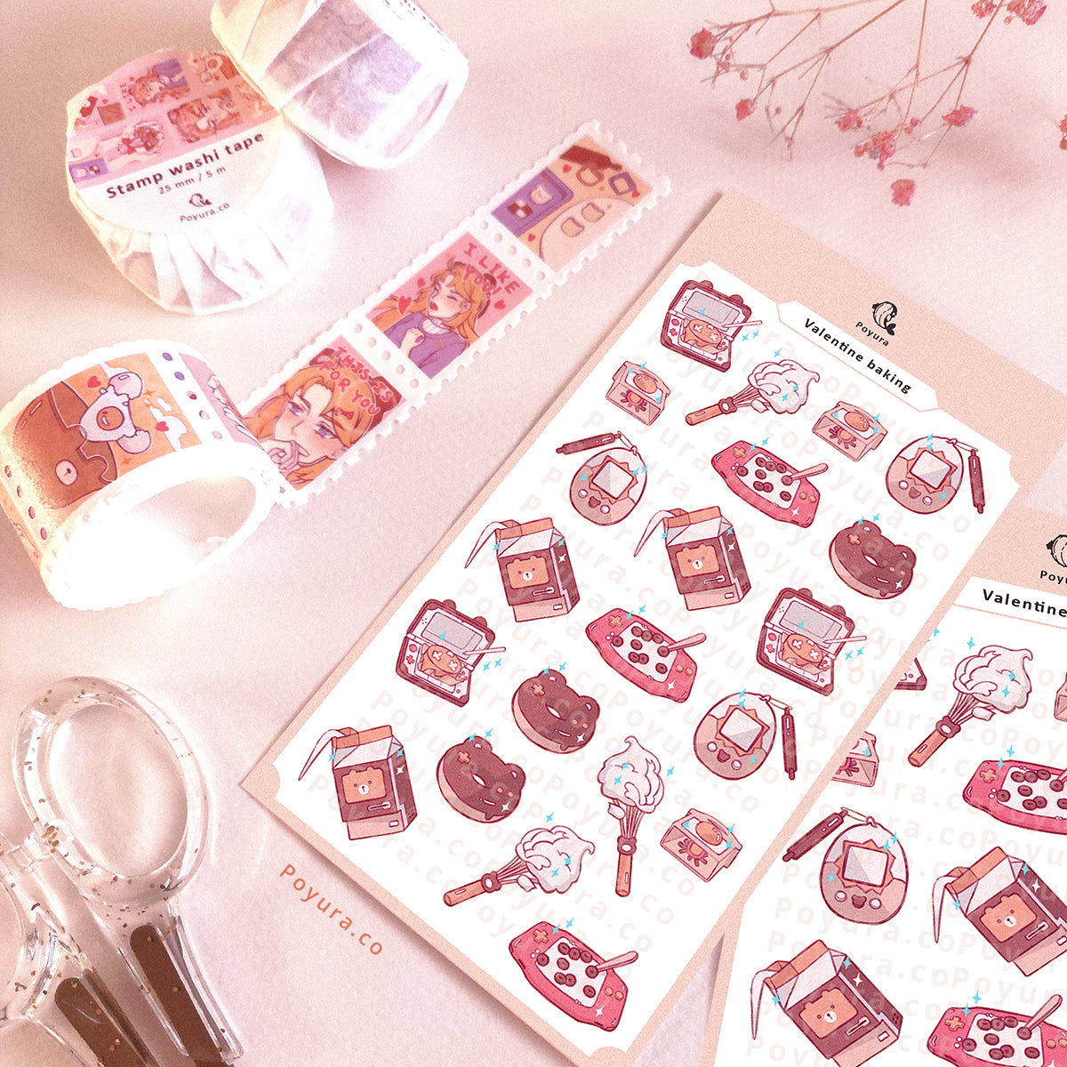 A matching set of stamp washi tape and sticker sheet. The designs are retro tech items as baked goods.