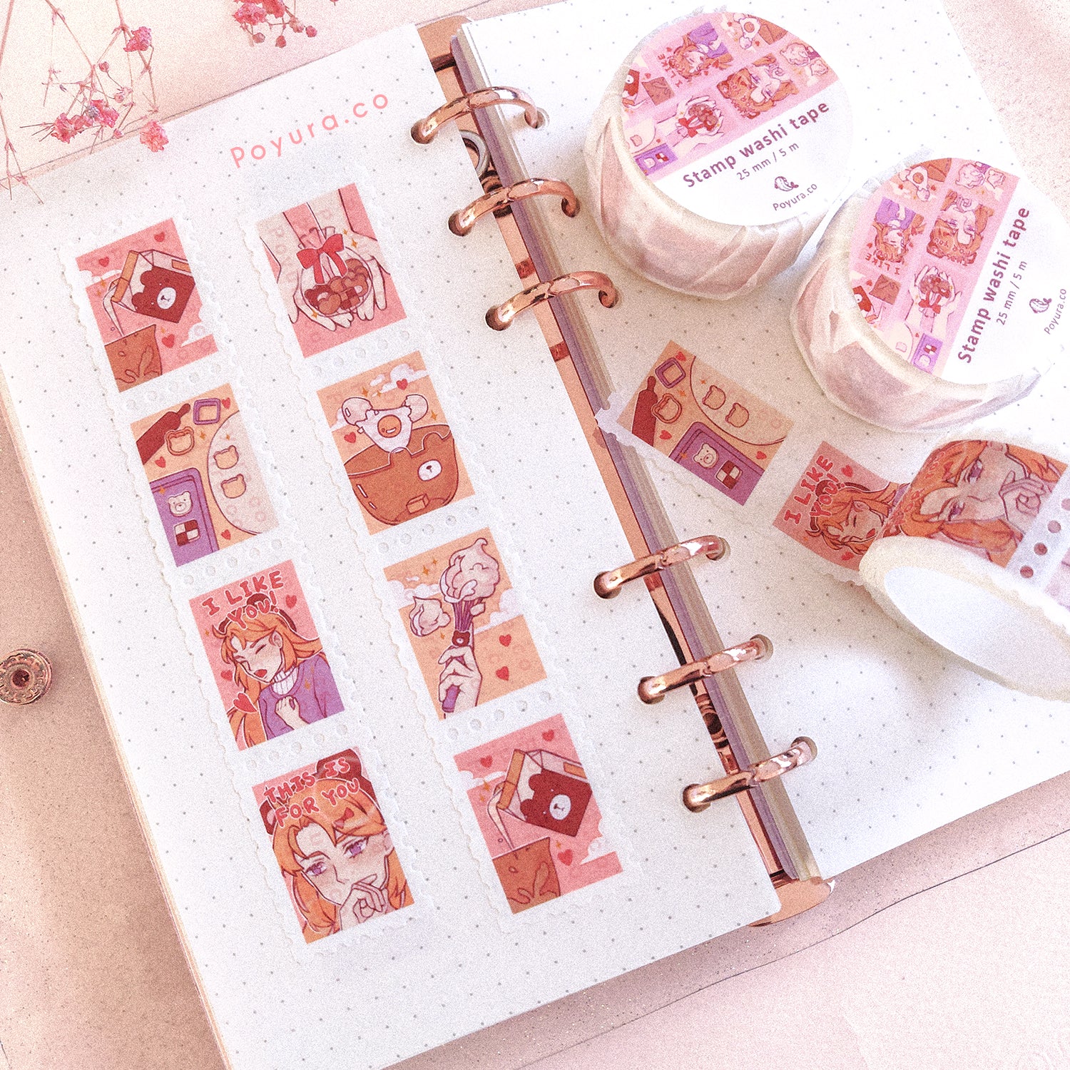 Stamp washi tape of a cute anime girl backing Valentine cookies