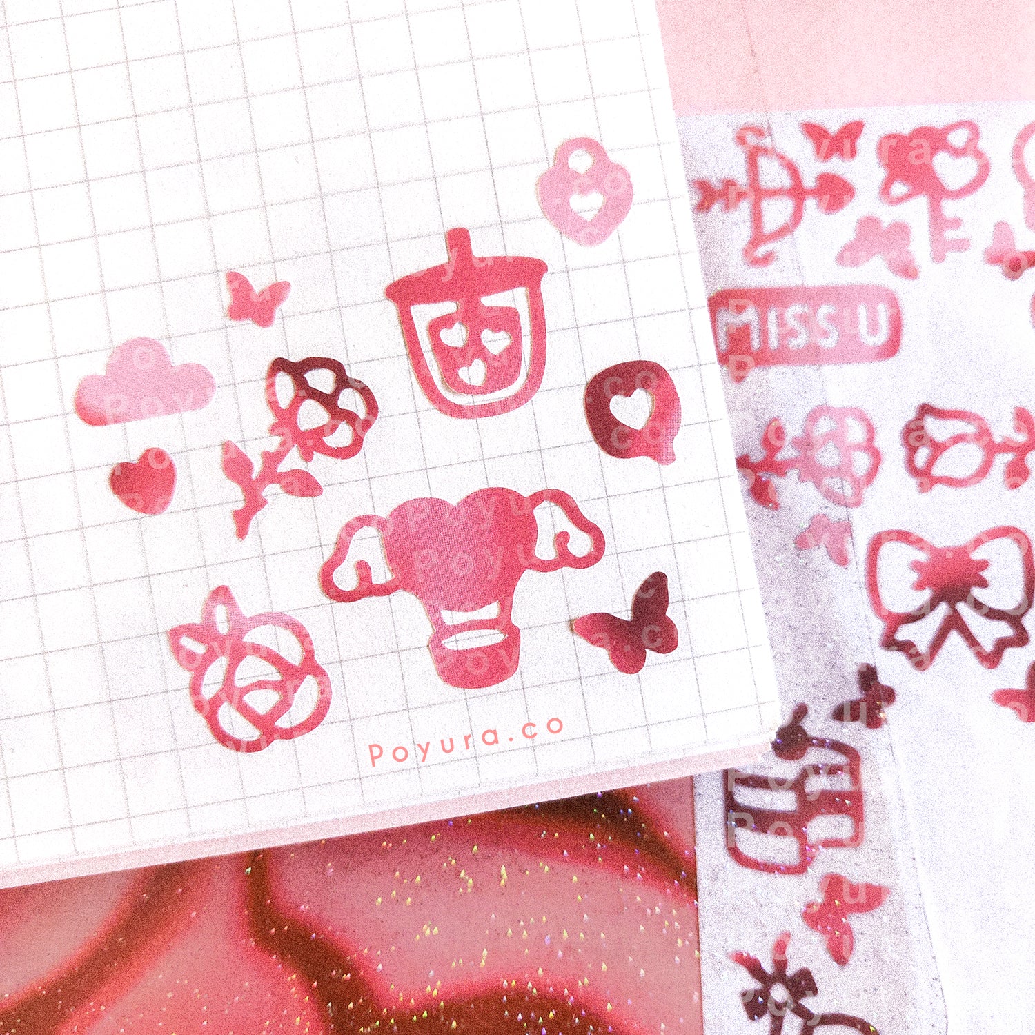 Borderless filler sticker with Valentine love cutouts in red and pink tint