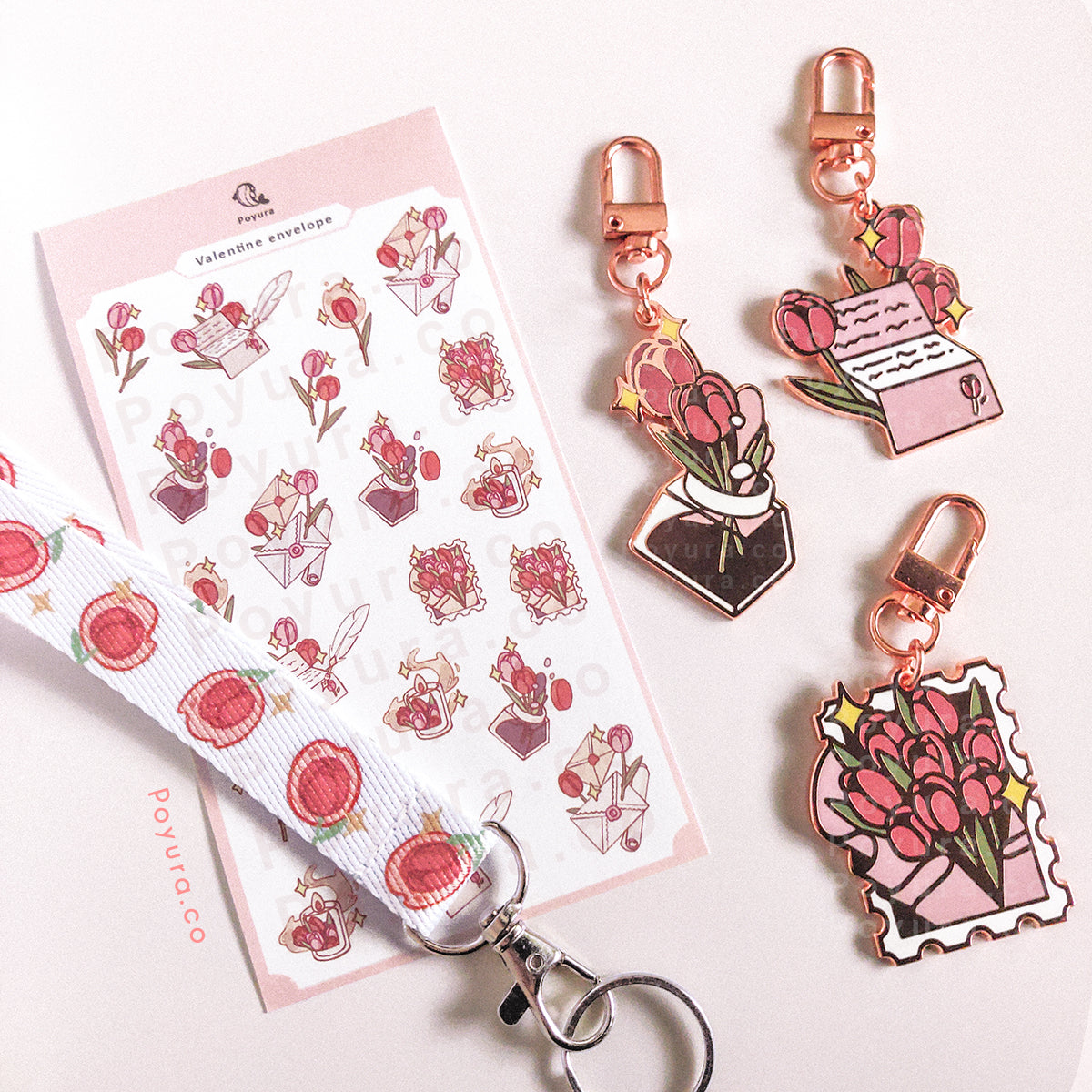 Set of matching sticker, keychains, and wristlet of cute Valentine stationery with tulip flowers