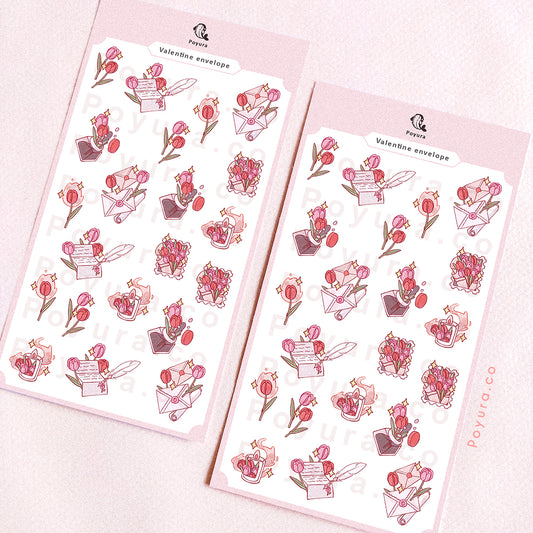 Sticker sheet of cute Valentine stationery with tulip flowers