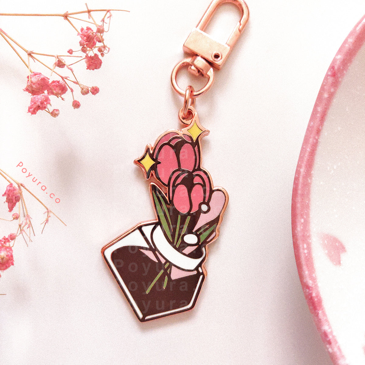 Enamel keychain of cute Valentine's ink bottle with tulip flowers