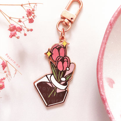 Enamel keychain of cute Valentine's ink bottle with tulip flowers