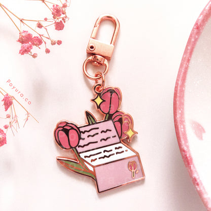 Enamel keychain of cute Valentine's love letter with tulip flowers