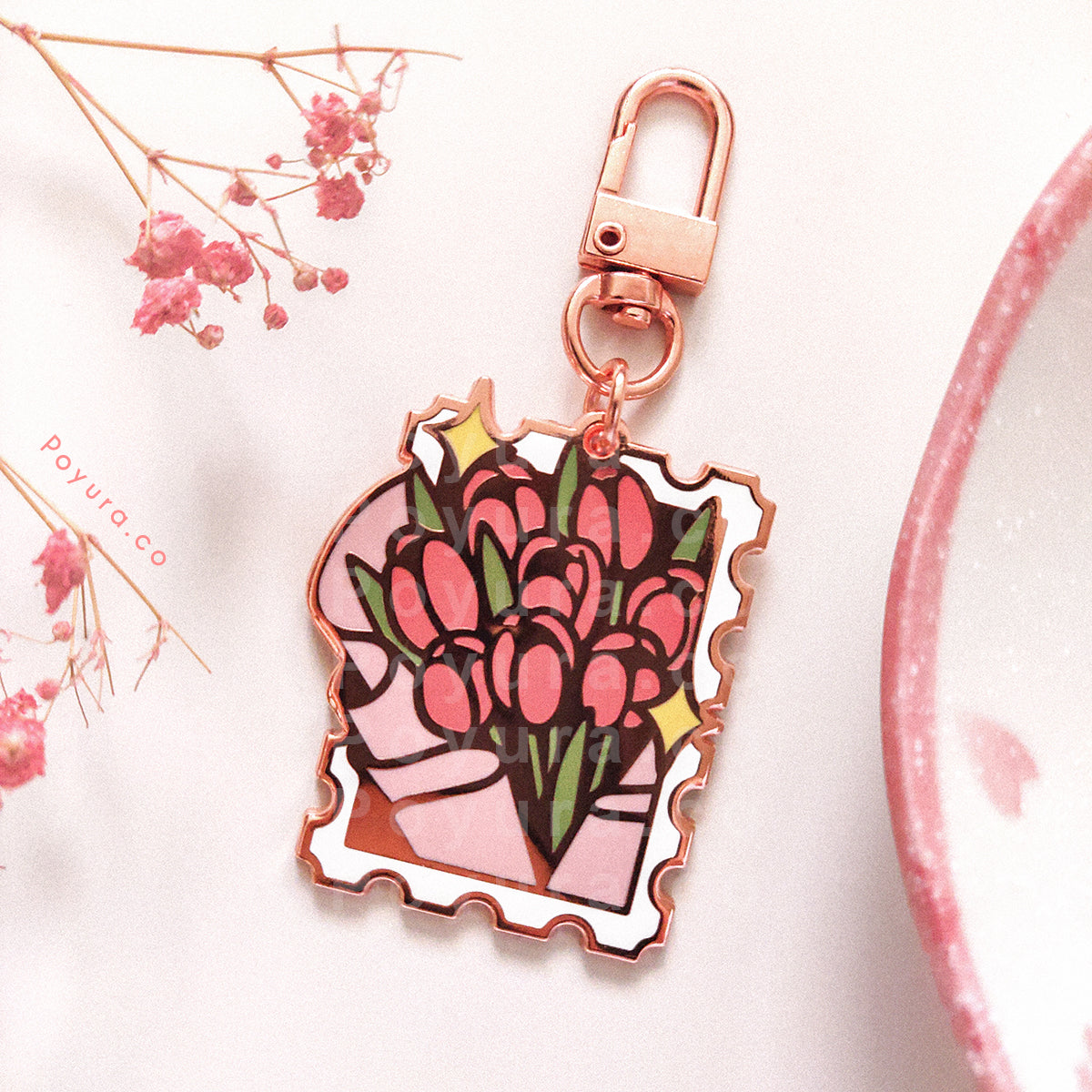 Enamel keychain of cute Valentine stamp with tulip flowers