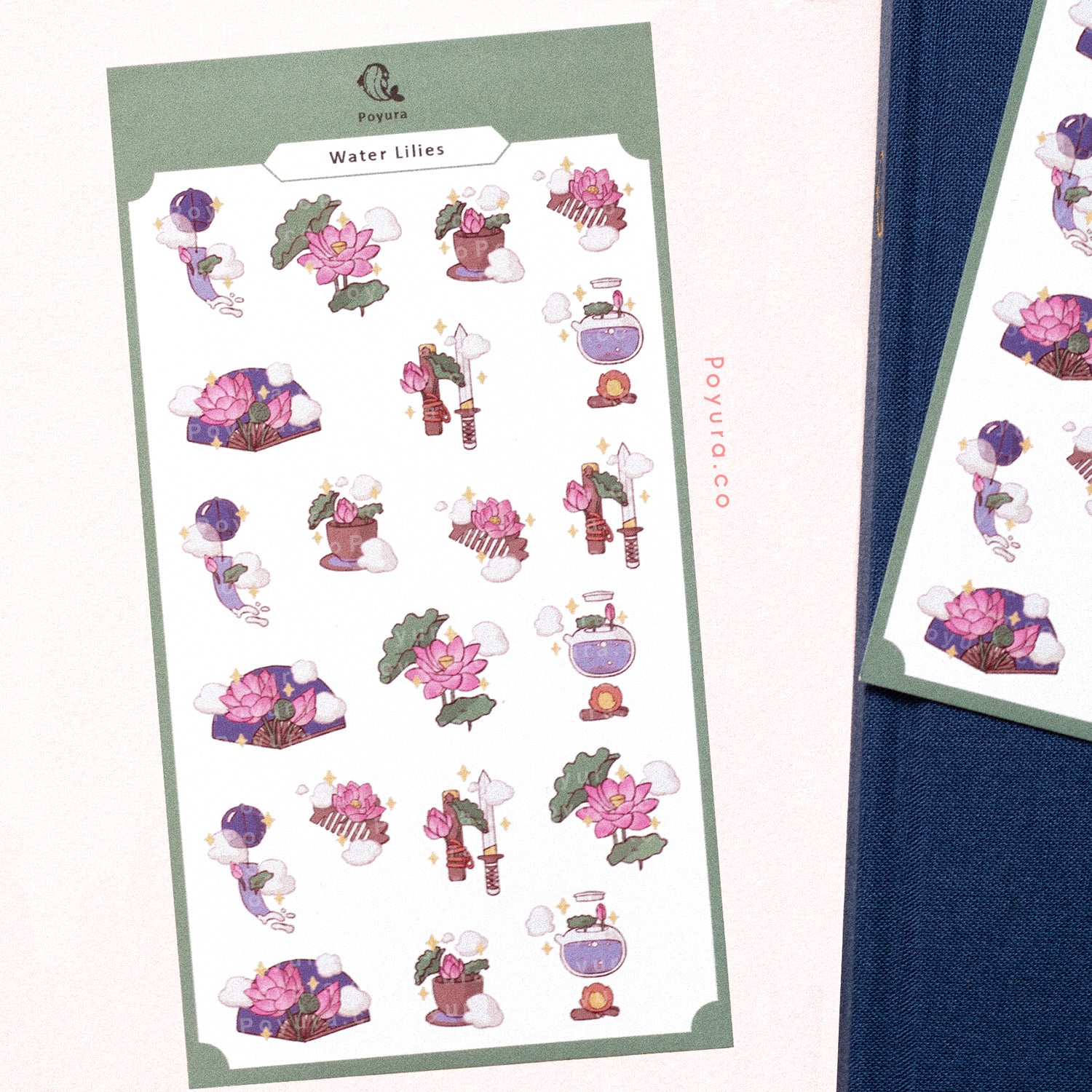 Sticker sheet of Asian tea, fans, windchimes with pink water lilies